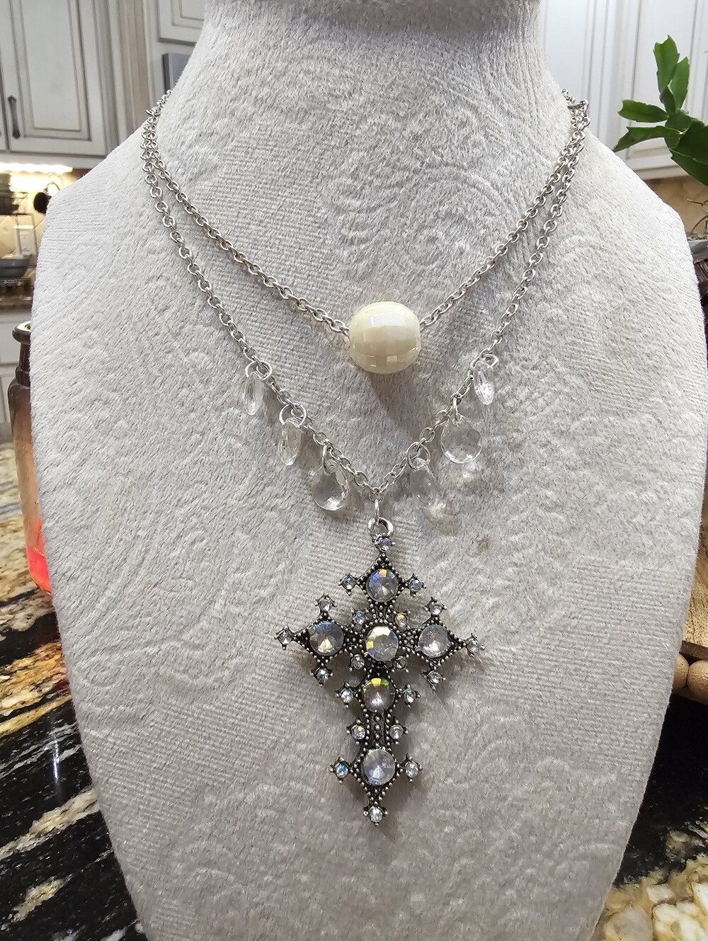 Silver-tone Crystal Cross Pendant Layered Necklace - White Bead Accent